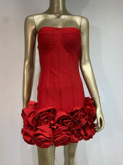 Ladies Sexy Strapless Backless Red Flower Mini Bandage Women Celebrity Dress 2025